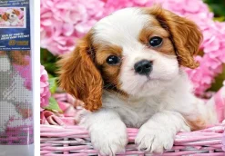 Puzzle Diamant painting: Cachorrinho em cesta rosa 30x40cm