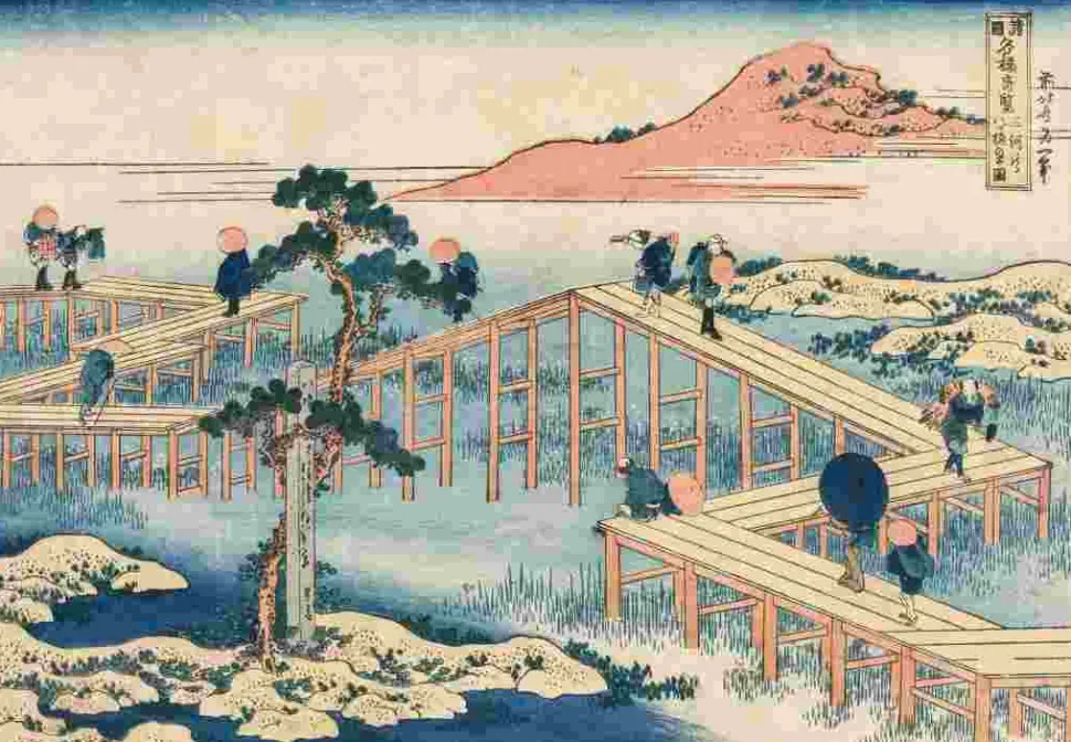 Puzzle Hokusai - Um quadro antigo da Ponte das Oito Partes na província de Mikawa