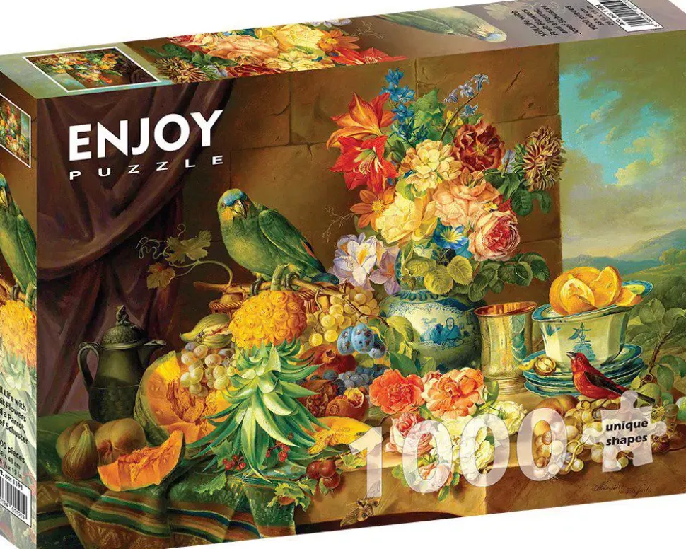 Puzzle Josef Schuster: Natureza morta com flores de frutas e um papagaio