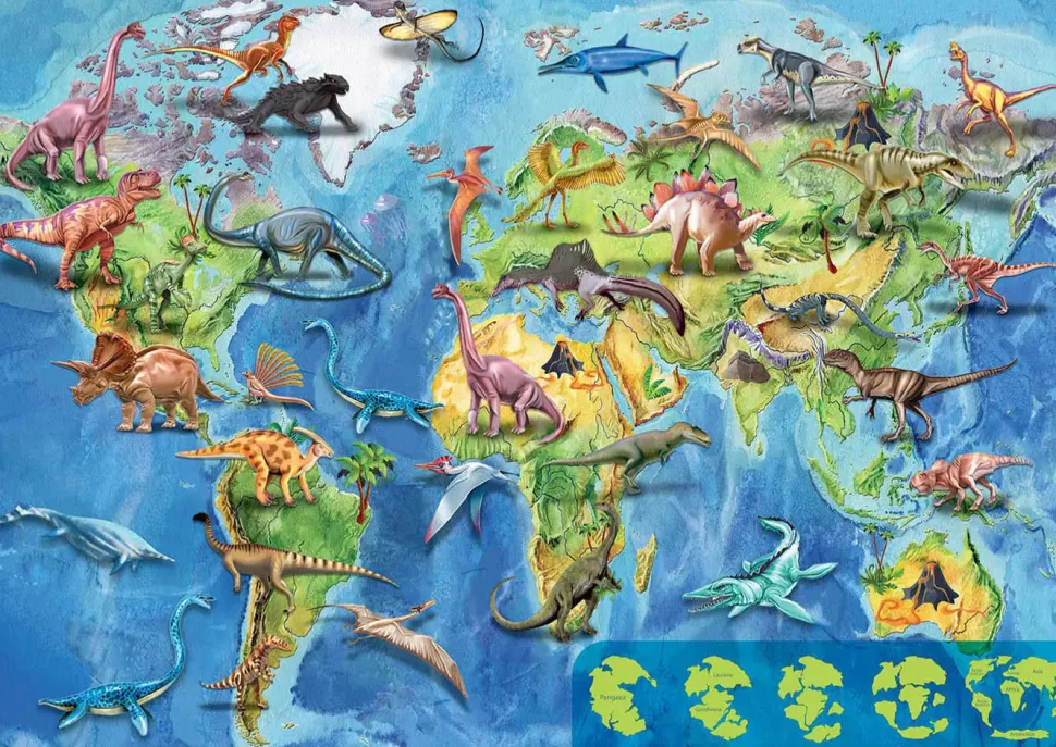 Puzzle Mapa sveta s dinossauroami