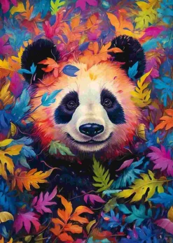 Puzzle Panda em uma floresta com cores de arco-íris