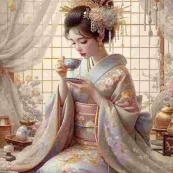 Puzzle Pintura de diamante: mulher japonesa tomando chá 30x40 cm