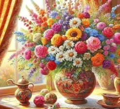 Puzzle Pintura Diamant: Bouquet à janela 30x40cm