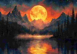 Puzzle Pintura Diamant: Lua dourada nas montanhas 30x40cm