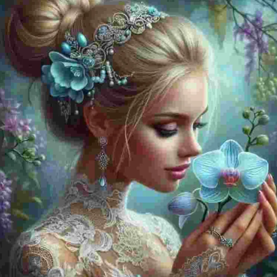 Puzzle Pintura Diamant: Rapariga com uma orquídea 30x40cm