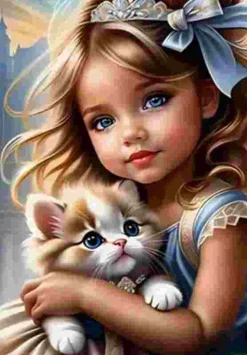 Puzzle Pintura Diamant: Rapariga com um gato 30x40cm