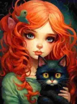 Puzzle Pintura Diamant: Ruiva com um gato preto 30x40cm