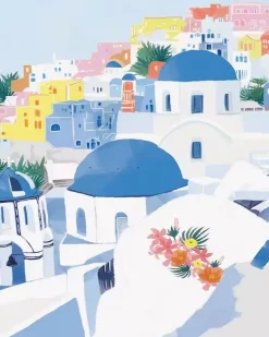 Puzzle Pintura Diamant: Telhados azuis em Santorini 30x40cm