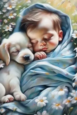 Puzzle Pintura diamantada: Bebê com cachorrinho 30x40 cm