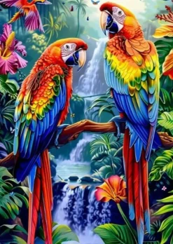 Puzzle Pintura diamantada: Papagaios na cachoeira 30x40 cm