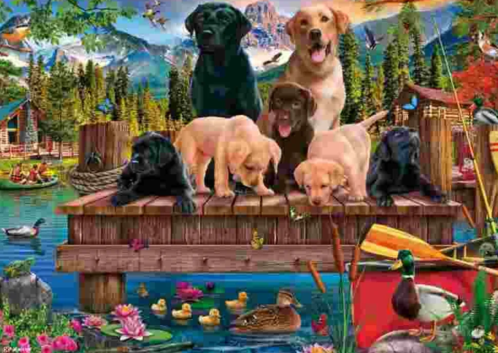 Puzzle Uma família de cães no lago