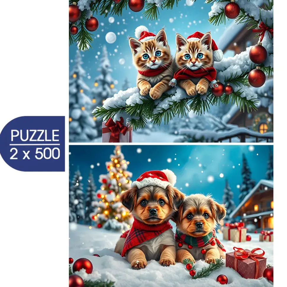 Puzzle 2x500 Gatinhos e cachorrinhos de Natal